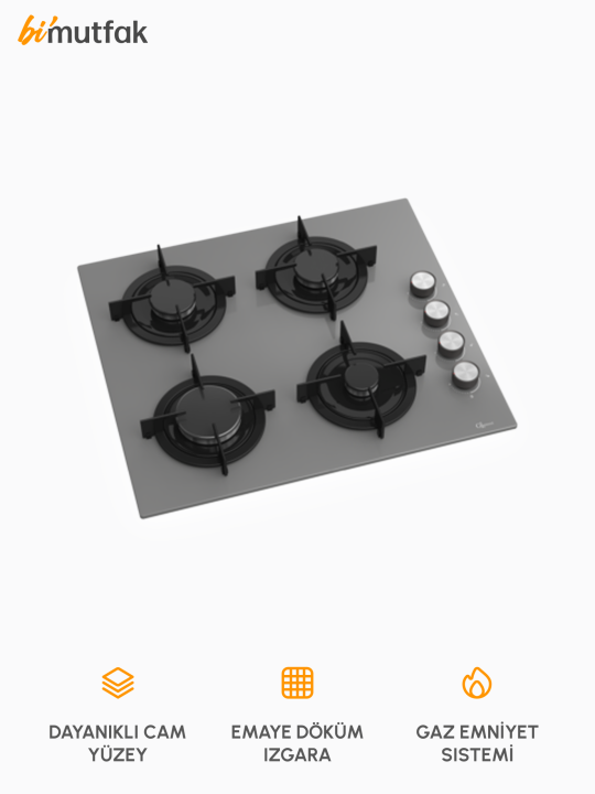 Bask 60cm Emaye Izgaralı 4 Gözlü Cam Ocak - Pure Grey