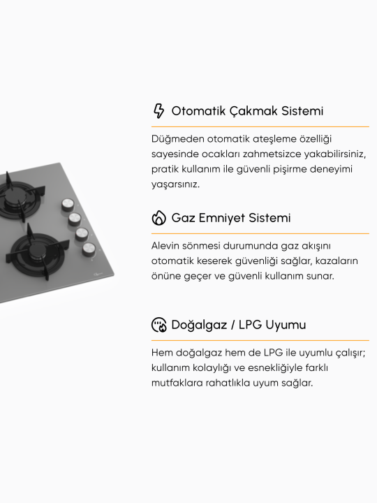 Bask 60cm Emaye Izgaralı 4 Gözlü Cam Ocak - Pure Grey