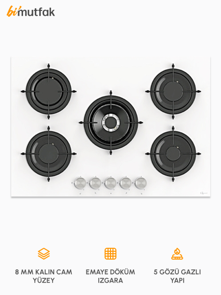 Bask 75cm Emaye Izgaralı 5 G&ouml;zl&uuml; Cam Ocak - Beyaz