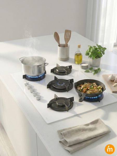 Bask 75cm Emaye Izgaralı 5 G&ouml;zl&uuml; Cam Ocak - Beyaz