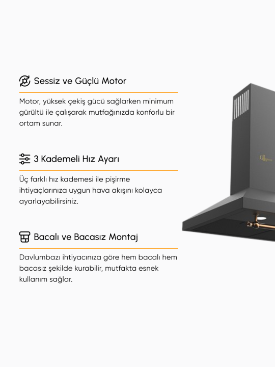 Rustic 650m3 Çekiş Güçlü 60cm Ankastre Davlumbaz - Siyah