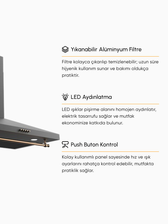 Rustic 650m3 Çekiş Güçlü 60cm Ankastre Davlumbaz - Siyah