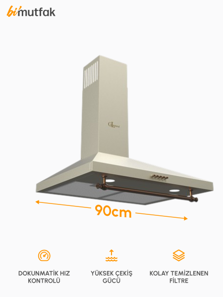 Rustic 650m3 Çekiş Güçlü 90cm Ankastre Davlumbaz - Krem