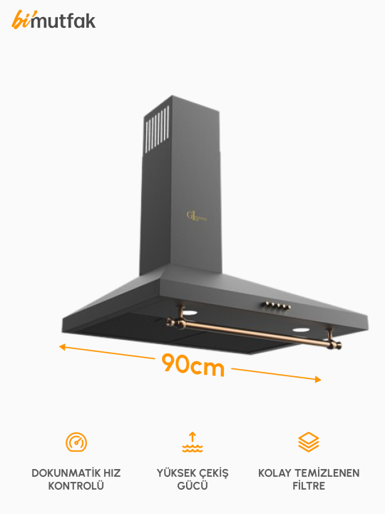 Rustic 650m3 Çekiş Güçlü 90cm Ankastre Davlumbaz - Siyah