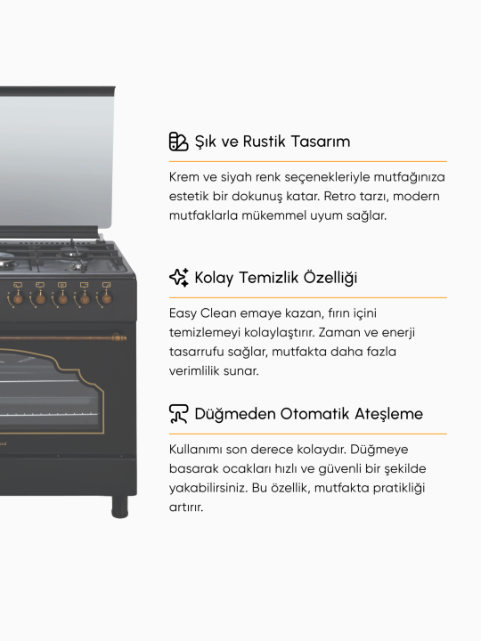 Desire 90cm 110 Litre İç Hacimli Rustic Kuzine Fırın - Siyah