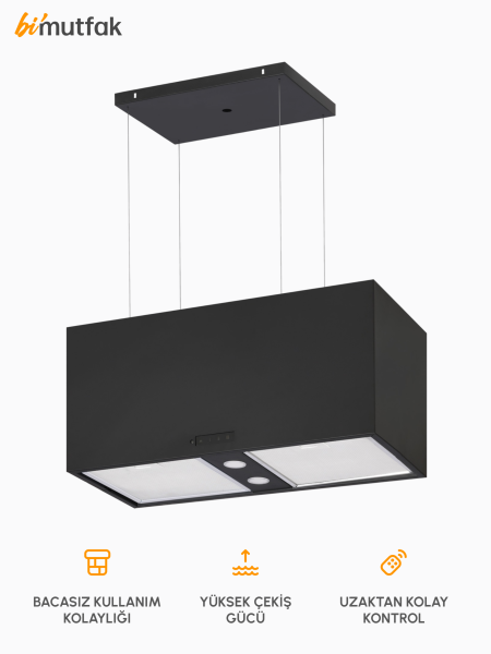 Elegance 800m3 Çekiş Güçlü 70cm Ada Davlumbaz - Siyah